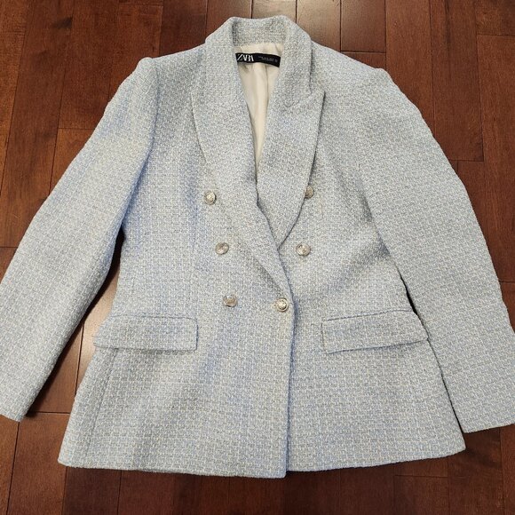 Zara women's light blue tweed double breasted blazer in size XL - Picture 1 of 7